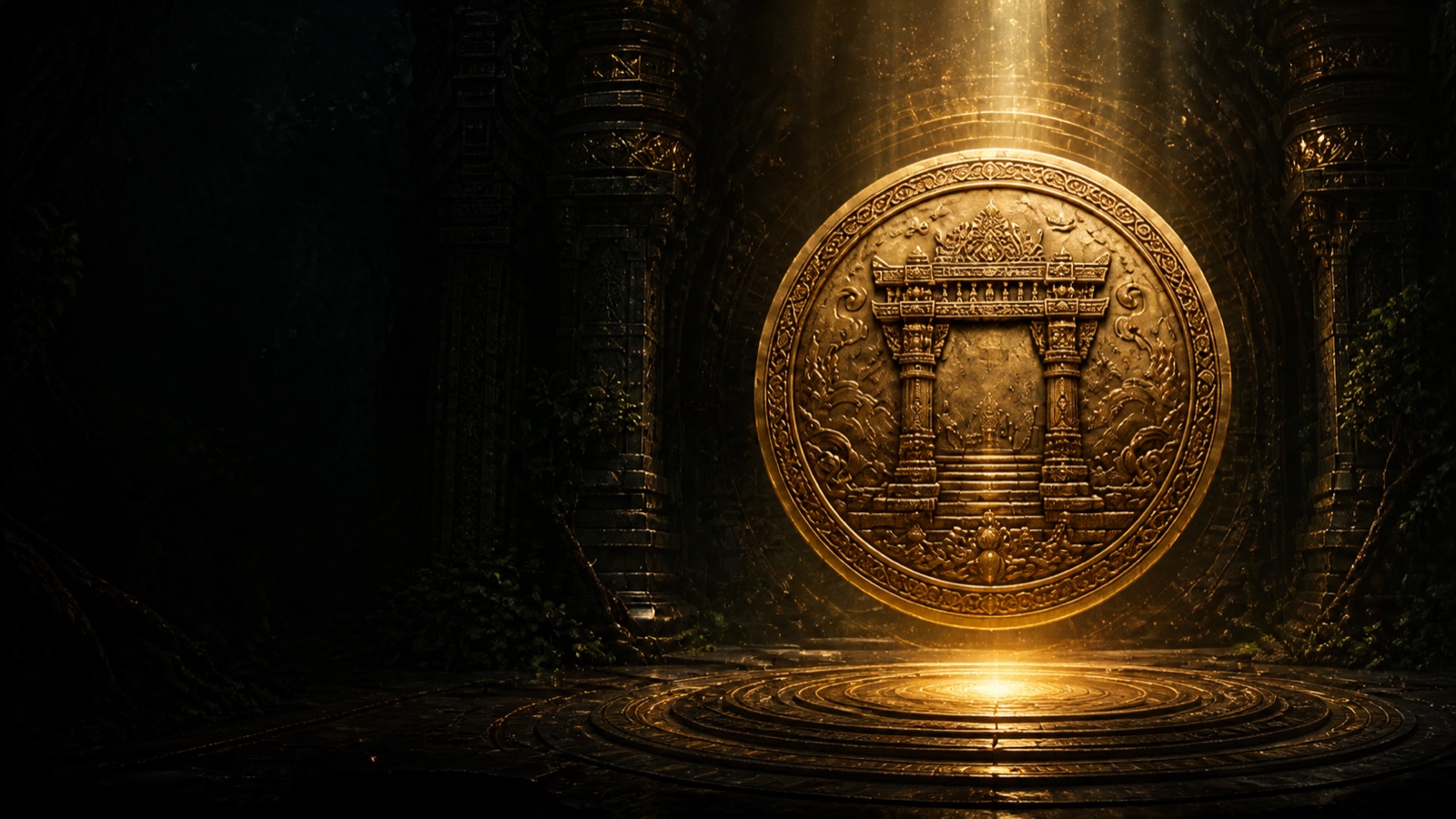 The DY Coin struck within a golden torana