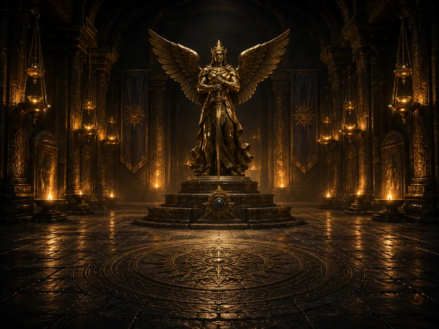 A winged Garuda statue rising in a lamplit temple hall of black stone and gold.