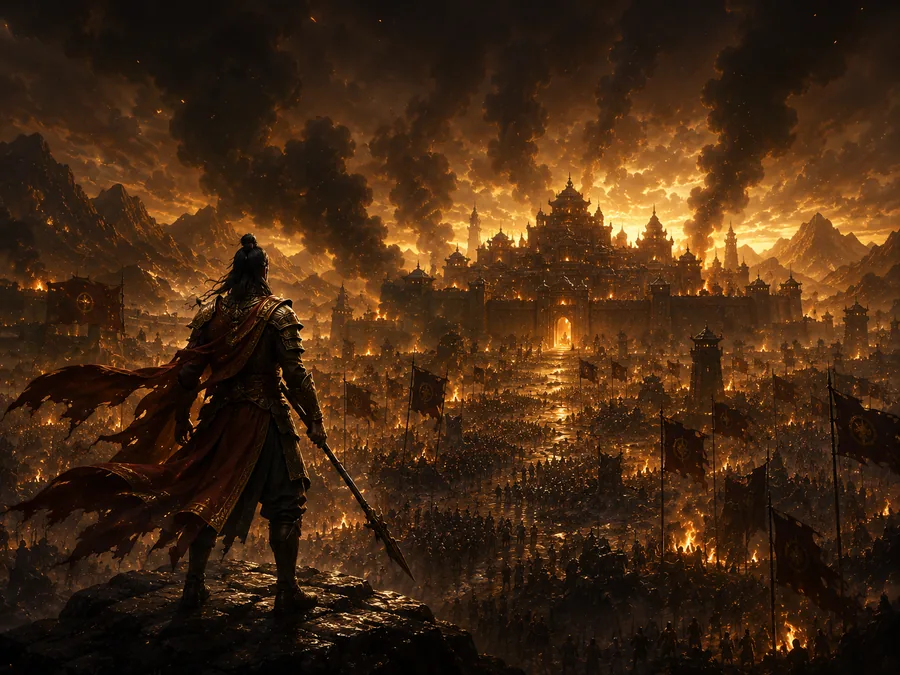A lone warrior on a ridge overlooking a burning battlefield and a fortress-city under a fiery sky.