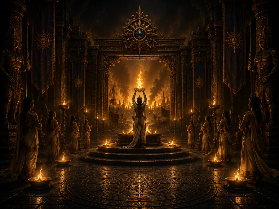 A robed figure raising a glowing light before a fiery gate, flanked by stone guardians.