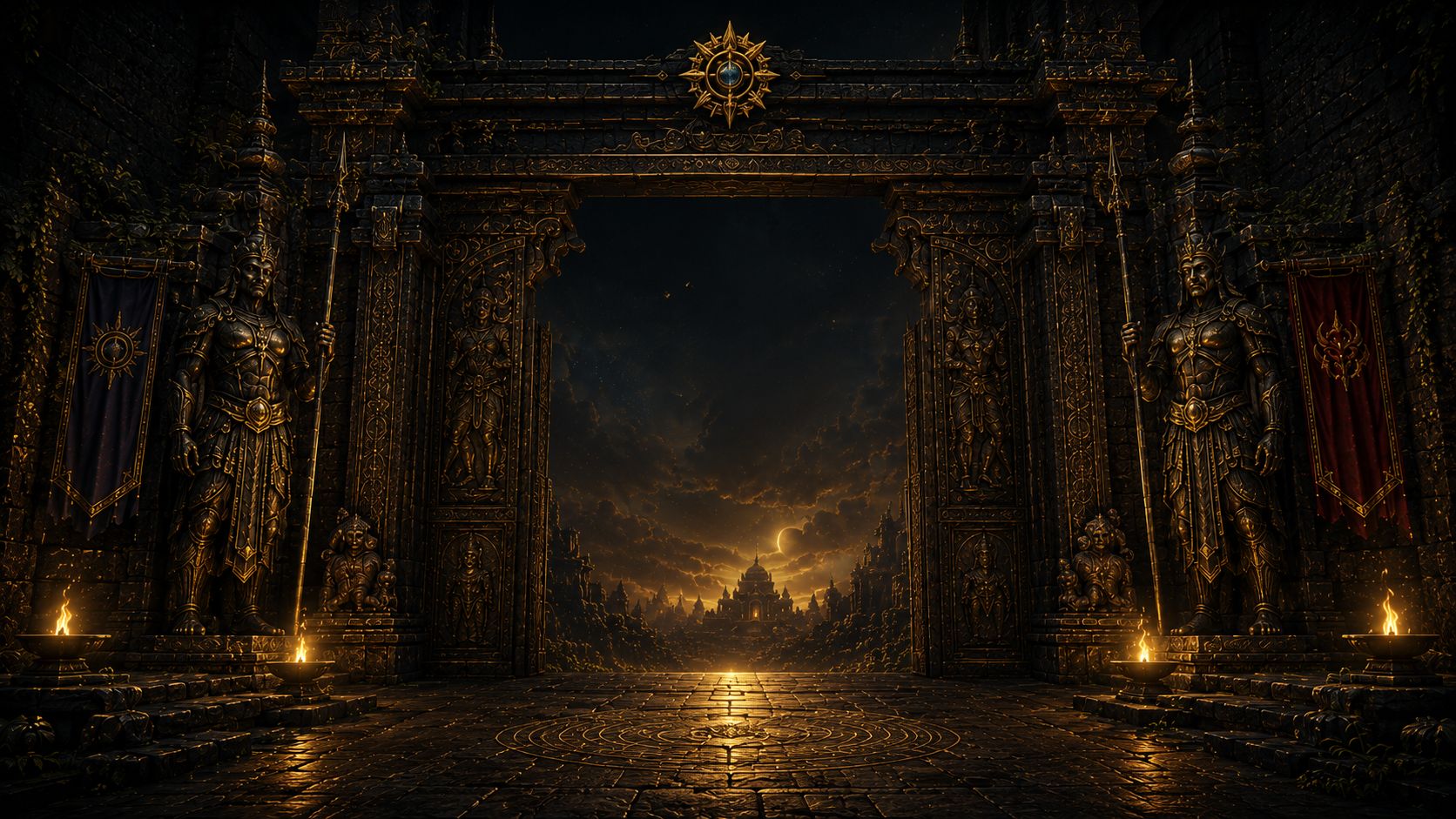 The night gate — a carved temple doorway flanked by guardian statues and hanging lamps; through the arch the war's world burns on the horizon, a distant lit temple-city under a storm sky.
