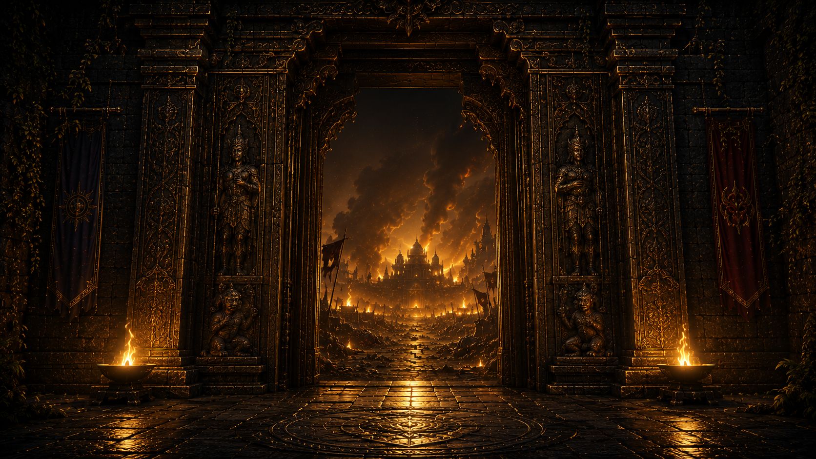 A carved temple gate opening onto the burning world beyond, braziers alight at its foot.