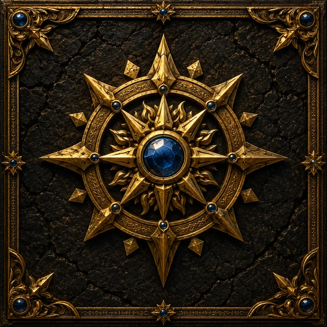 The rite mark — a gold sun-medallion with a sapphire heart, on carved stone.