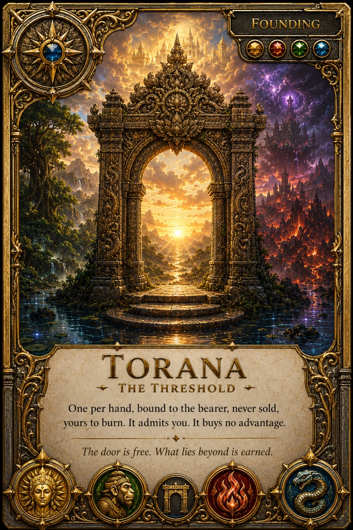 TORANA — The Access Card: the founding threshold gate opening onto the four realms.